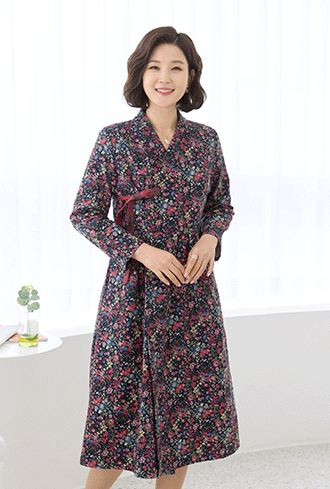 [아울렛]단아한 잔꽃 매듭 면 생활한복 원피스 KD101201